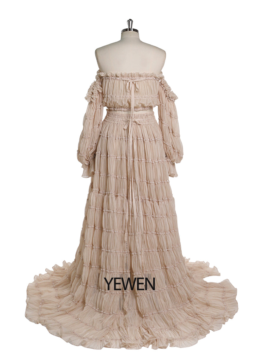 Back view of 2 piece boho summer beach dress for photo shoot designed for elegant coastal photography
