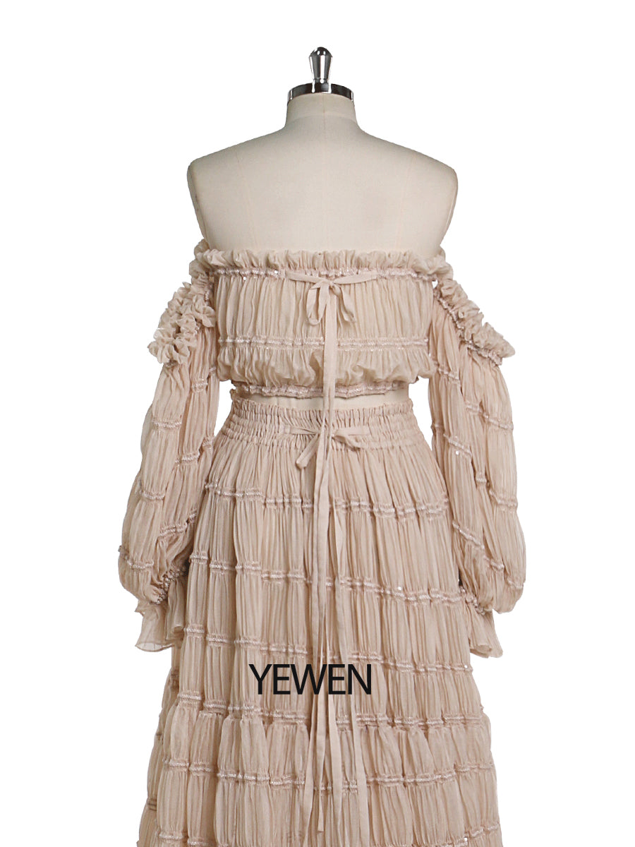 Back view of 2 piece boho summer beach dress for photo shoot designed for elegant coastal photography