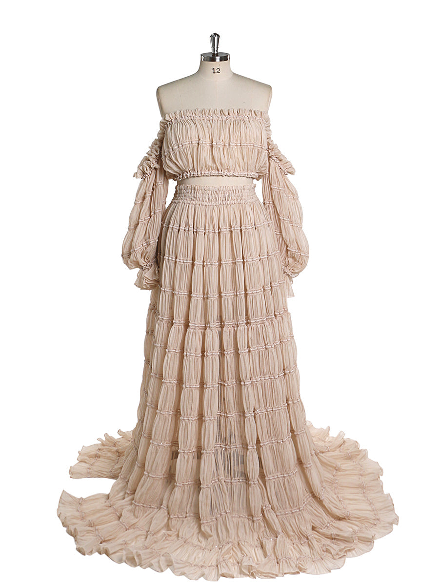 Front view of 2 piece boho summer beach dress for photo shoot showing elegant flowing silhouette