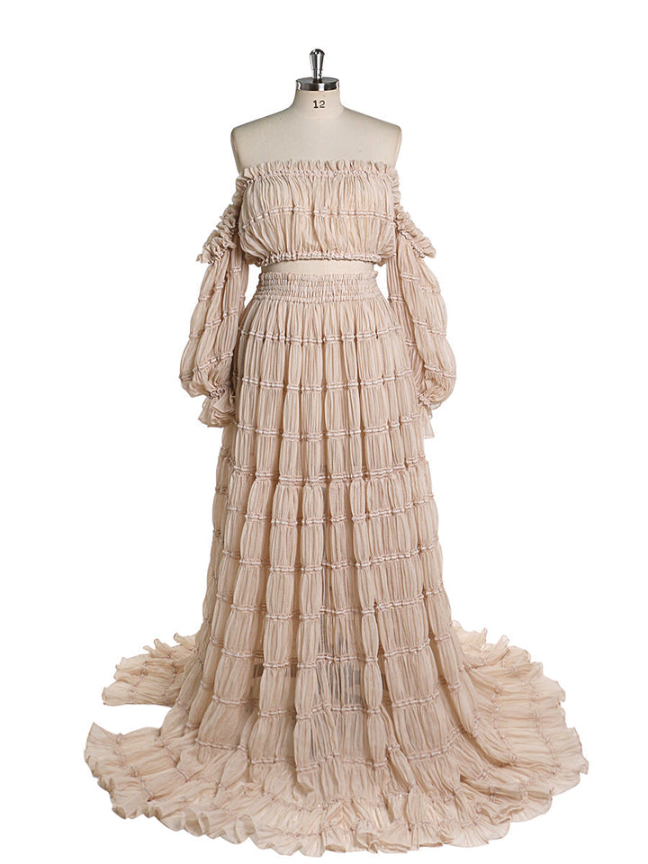 Front view of 2 piece boho summer beach dress for photo shoot showing elegant flowing silhouette