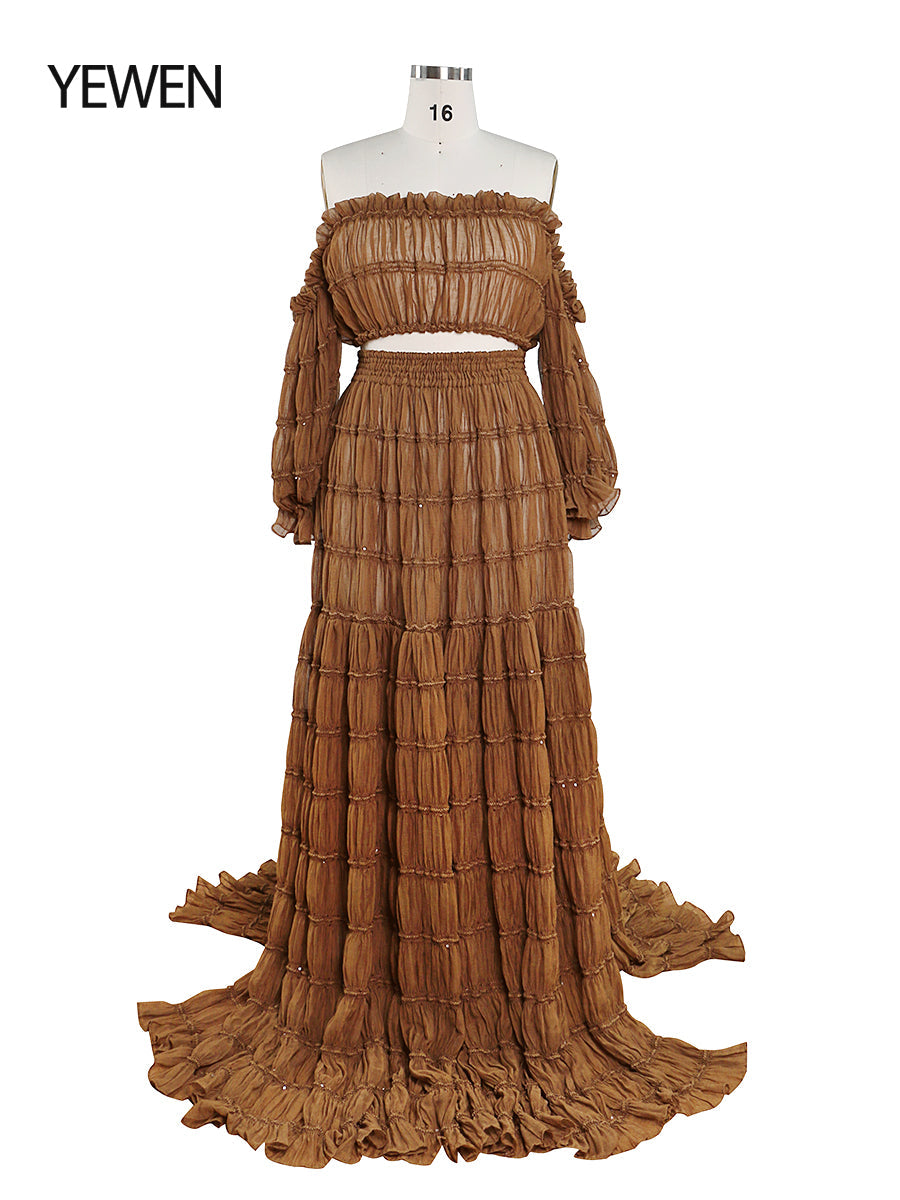 Front view of brown 2 piece boho summer beach dress for photo shoot showing elegant flowing silhouette