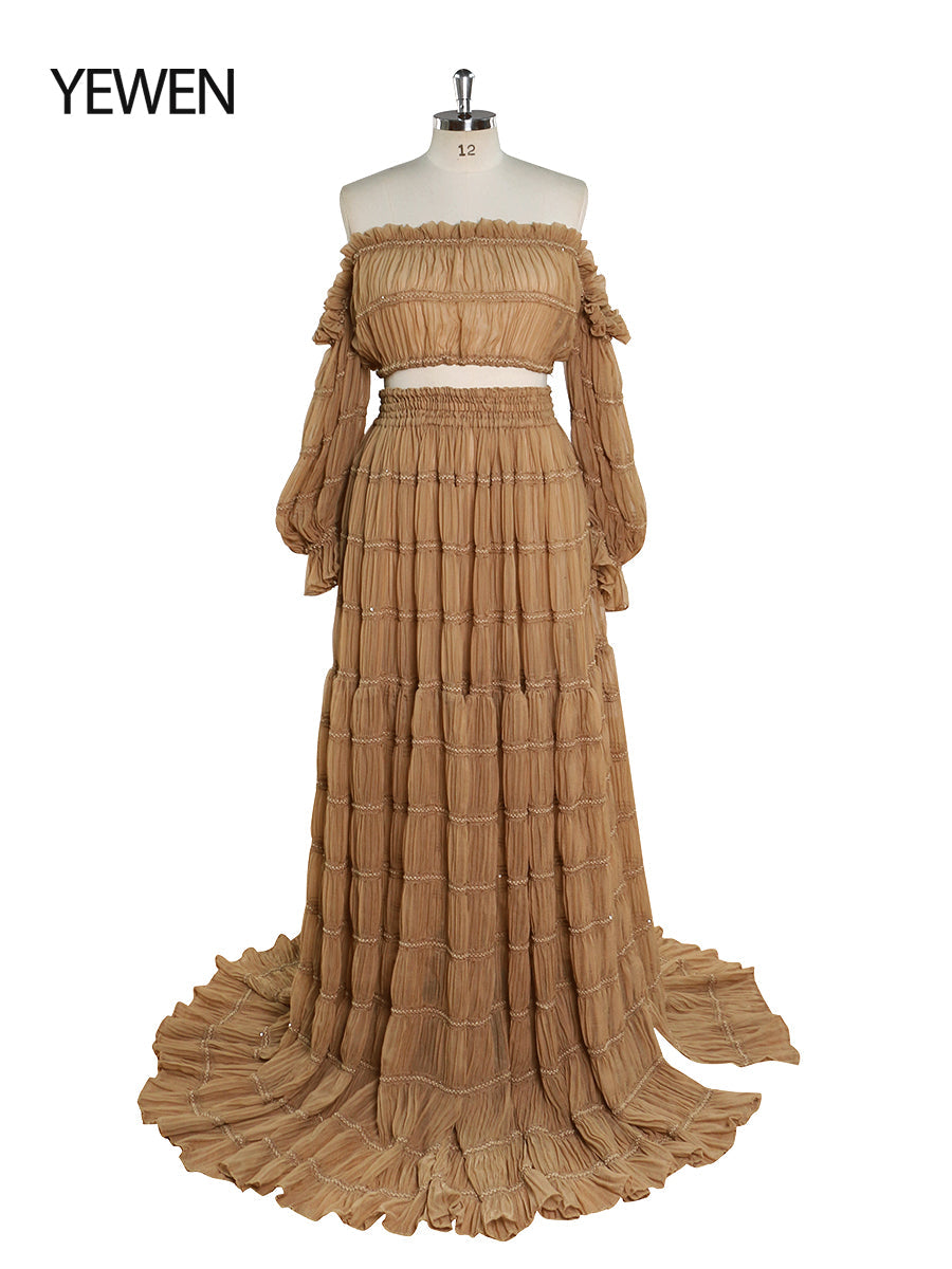 Front view of 2 piece boho summer beach dress for photo shoot showing flowing silhouette
