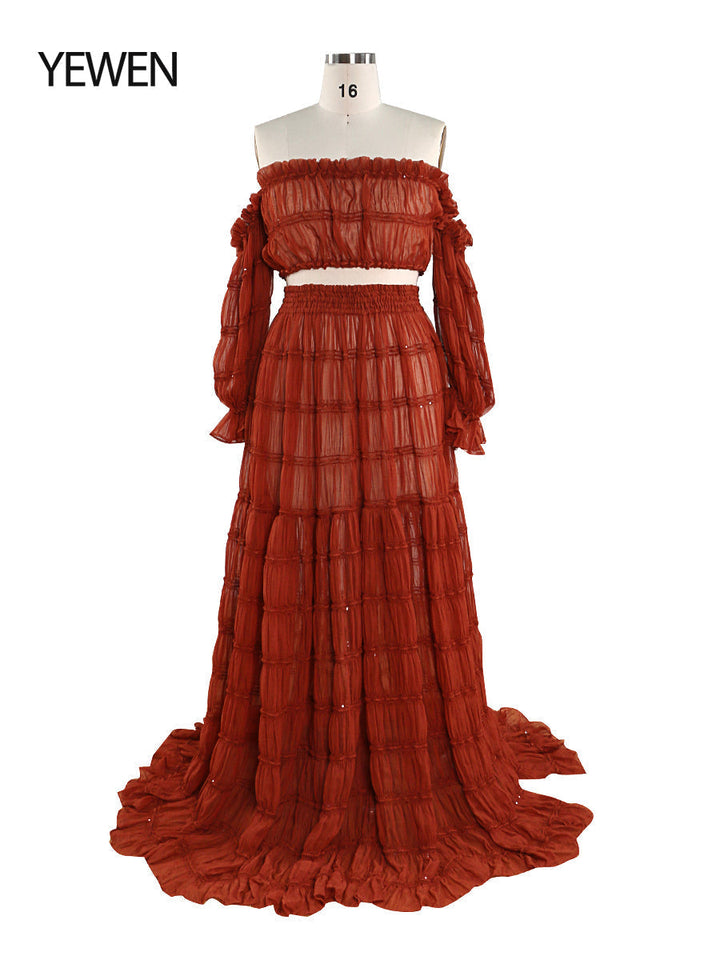Front view of rust 2 piece boho summer beach dress for photo shoot showing elegant flowing silhouette