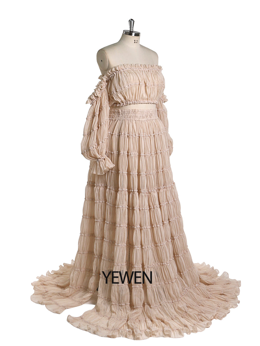 Side view of boho summer beach dress for photo shoot highlighting side slit and flowing fabric movement