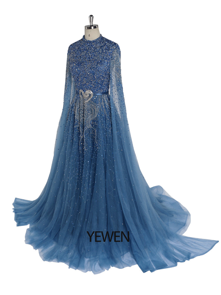 Blue A line high-end Beaded Luxury Cape Sleeve Evening Dresses Woman Christmas Holiday Dress Blue A line high-end Beaded Luxury Cape Sleeve Evening Dresses Woman Christmas Holiday Dress