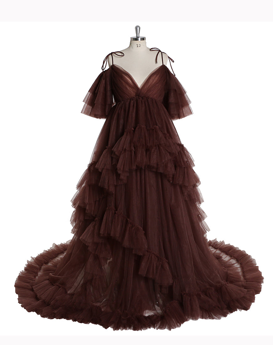 brown tulle maternity dress Maternity Ruffle Trim Off Shoulder Mesh Overlay Photography Dress Rust / XL