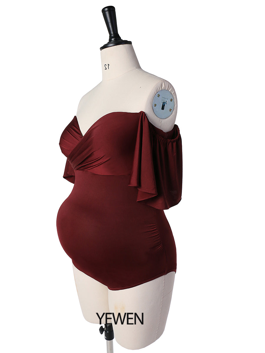 Stretchy Fabric Maternity Dress Bodysuit Off Shoulder Ruffles Short Sleeves Maternity Phography Custom Colors YW2121