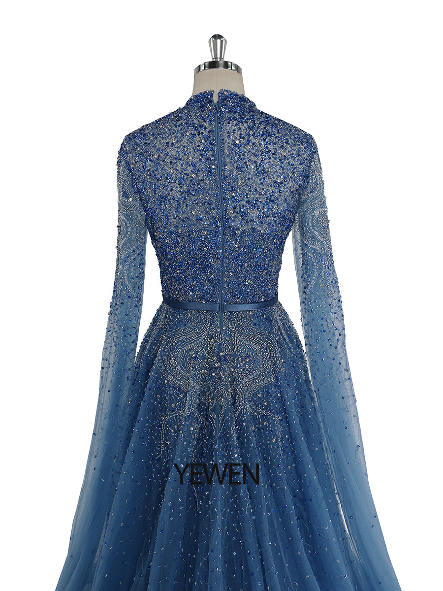Blue A line high-end Beaded Luxury Cape Sleeve Evening Dresses Woman Christmas Holiday Dress yewendress Blue A line high-end Beaded Luxury Cape Sleeve Evening Dresses Woman Christmas Holiday Dress yewendress