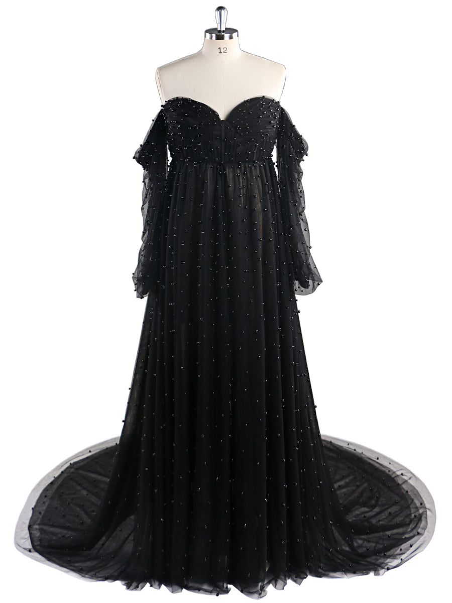 Off Shoulder Pearls High Quality Ivory Long Sleeves Open Front Maternity Gown Prom Dresses Yewen 16W / Champagne Off Shoulder Pearls High Quality Ivory Long Sleeves Open Front Maternity Gown Prom Dresses Yewen 16W / Champagne