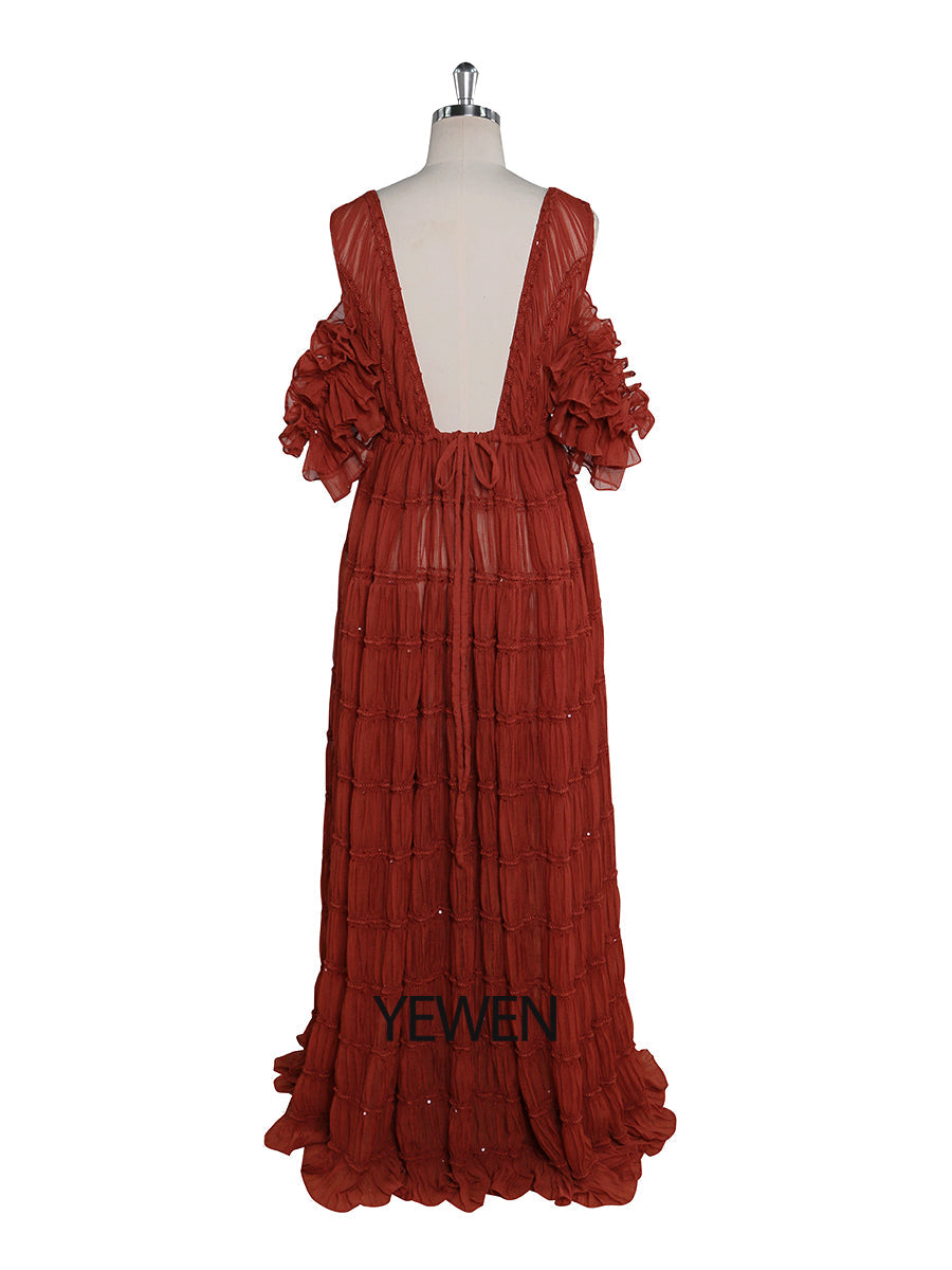 Back view of chiffon dress for photo shoot with adjustable shoulder and elegant flowing design