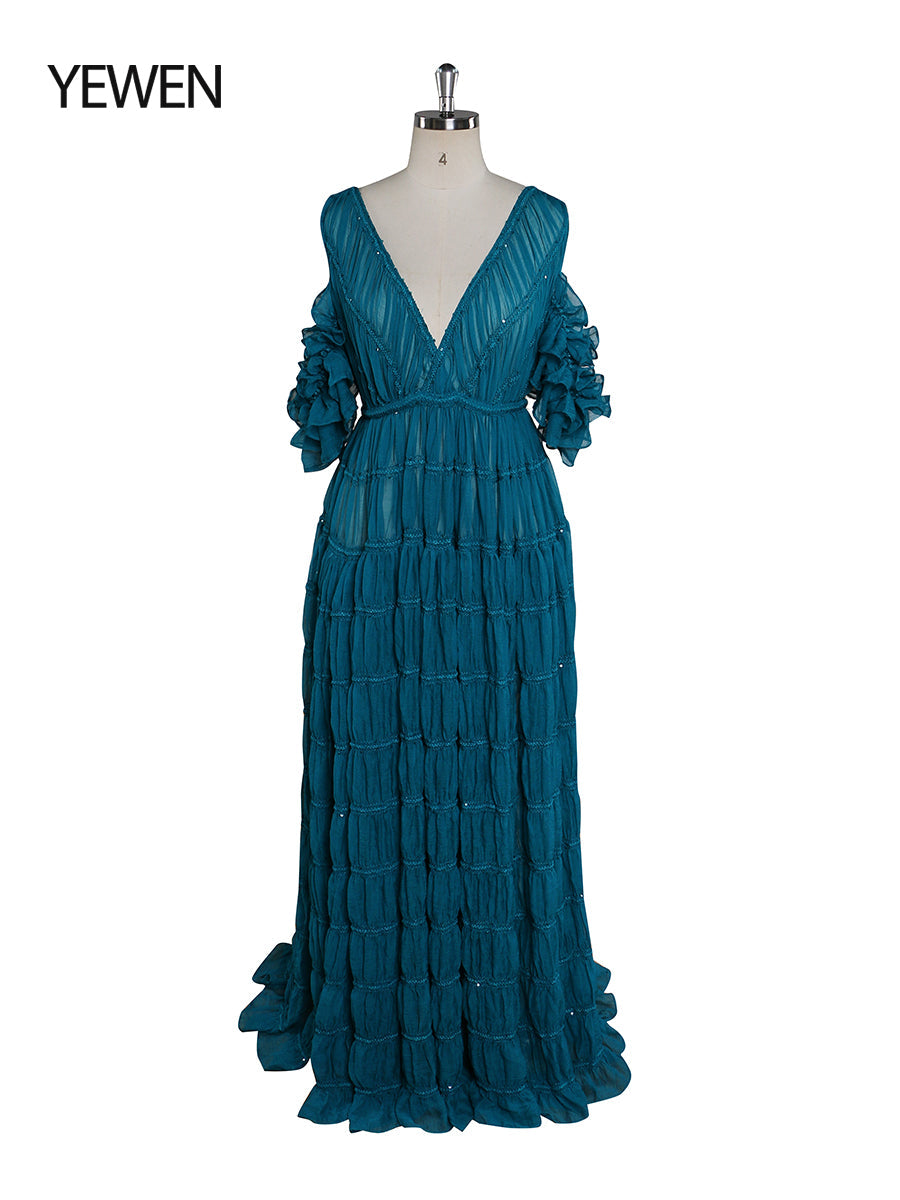 Front view of blue chiffon dress for photo shoot featuring off shoulder design and stretch waist elegant silhouette