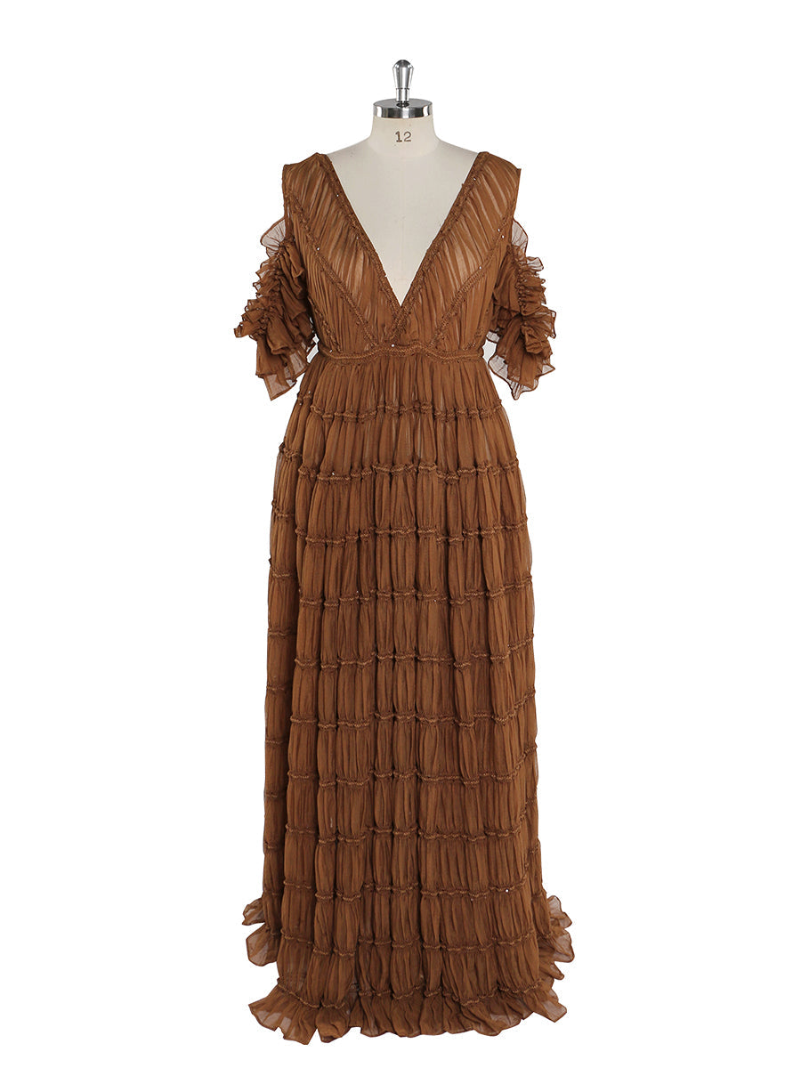 Front view of brown chiffon dress for photo shoot featuring off shoulder design and stretch waist elegant silhouette