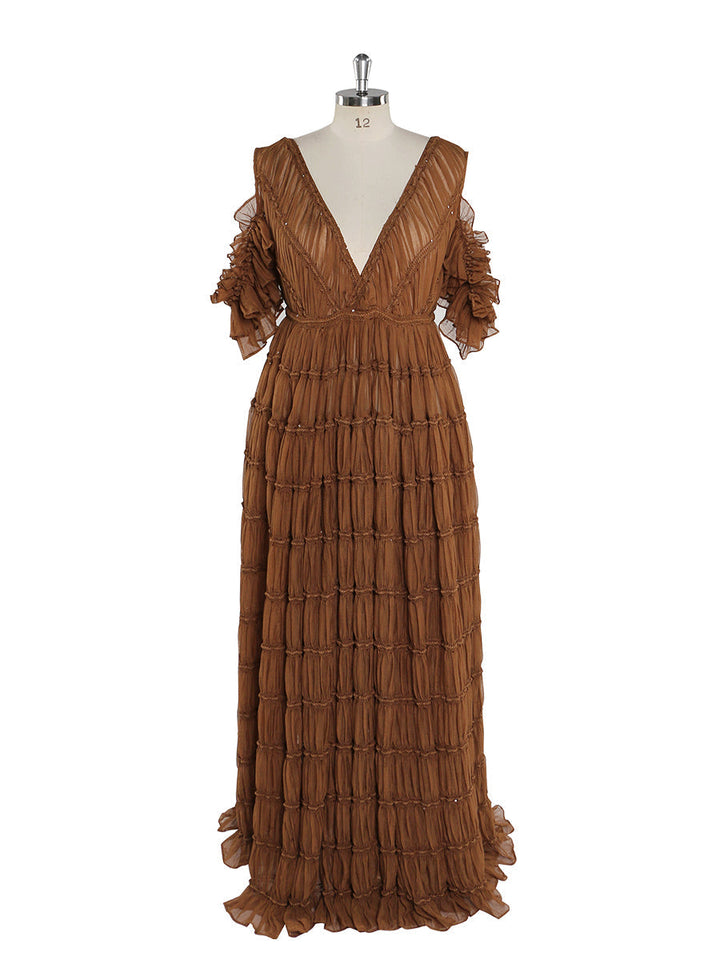 Front view of brown chiffon dress for photo shoot featuring off shoulder design and stretch waist elegant silhouette