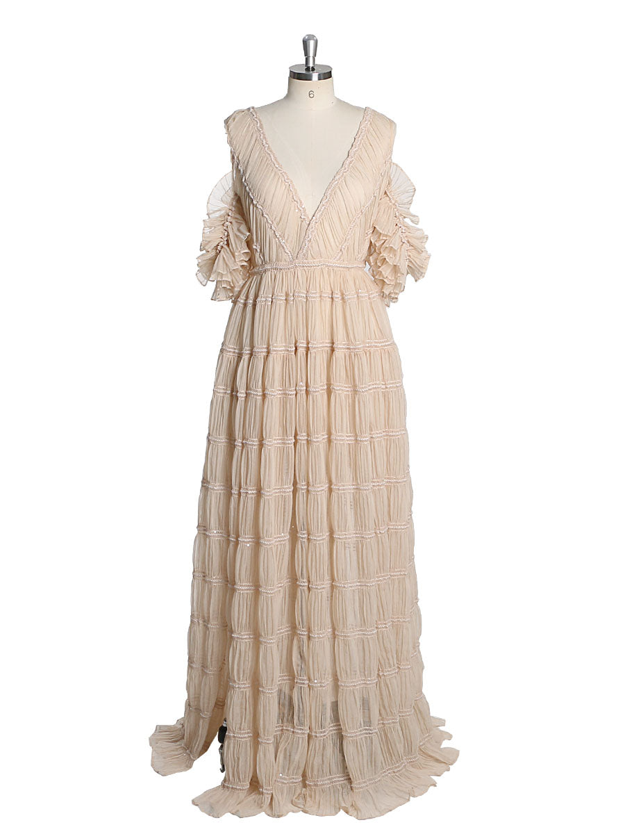 Front view of kahaki chiffon dress for photo shoot featuring off shoulder design and stretch waist elegant silhouette
