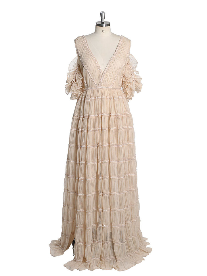 Front view of kahaki chiffon dress for photo shoot featuring off shoulder design and stretch waist elegant silhouette