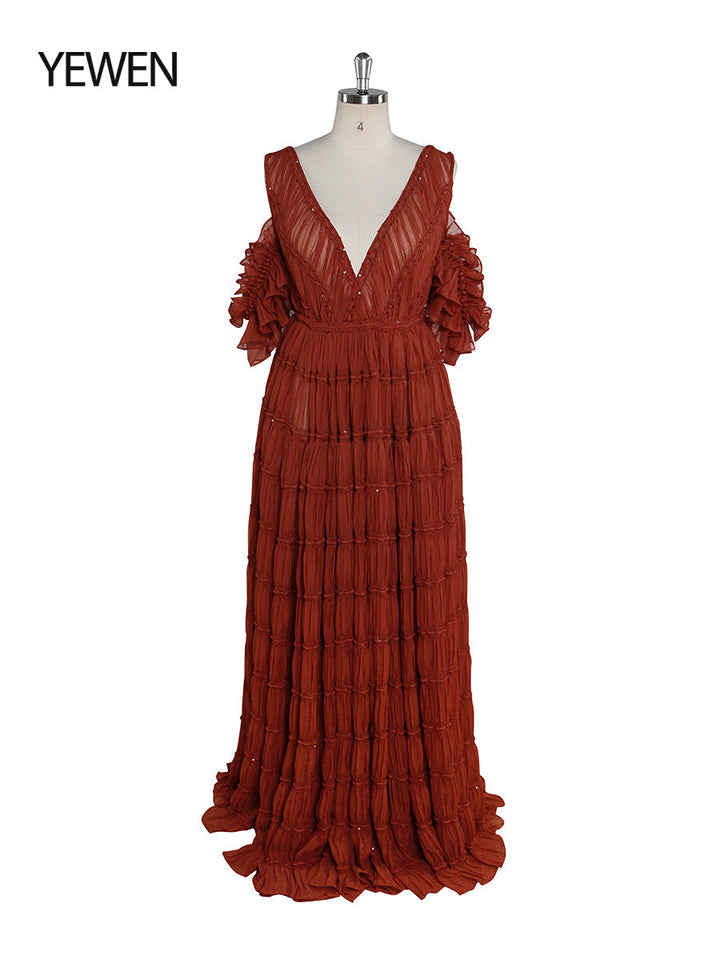 Front view of rust chiffon dress for photo shoot featuring off shoulder design and stretch waist elegant silhouette