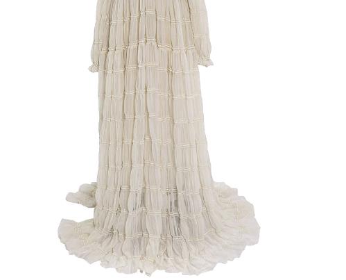 Front view of white chiffon dress for photo shoot featuring off shoulder design and stretch waist elegant silhouette