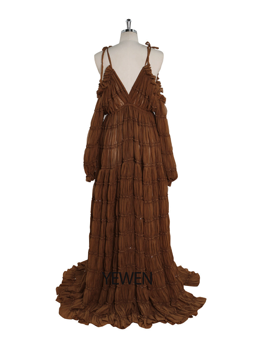 Back view of brown chiffon maternity photoshoot dress designed for elegant pregnancy and baby shower photography
