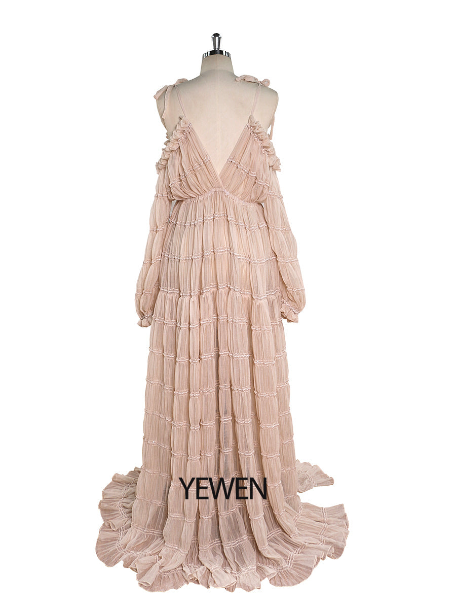 Back view of kahaki chiffon maternity photoshoot dress designed for elegant pregnancy and baby shower photography