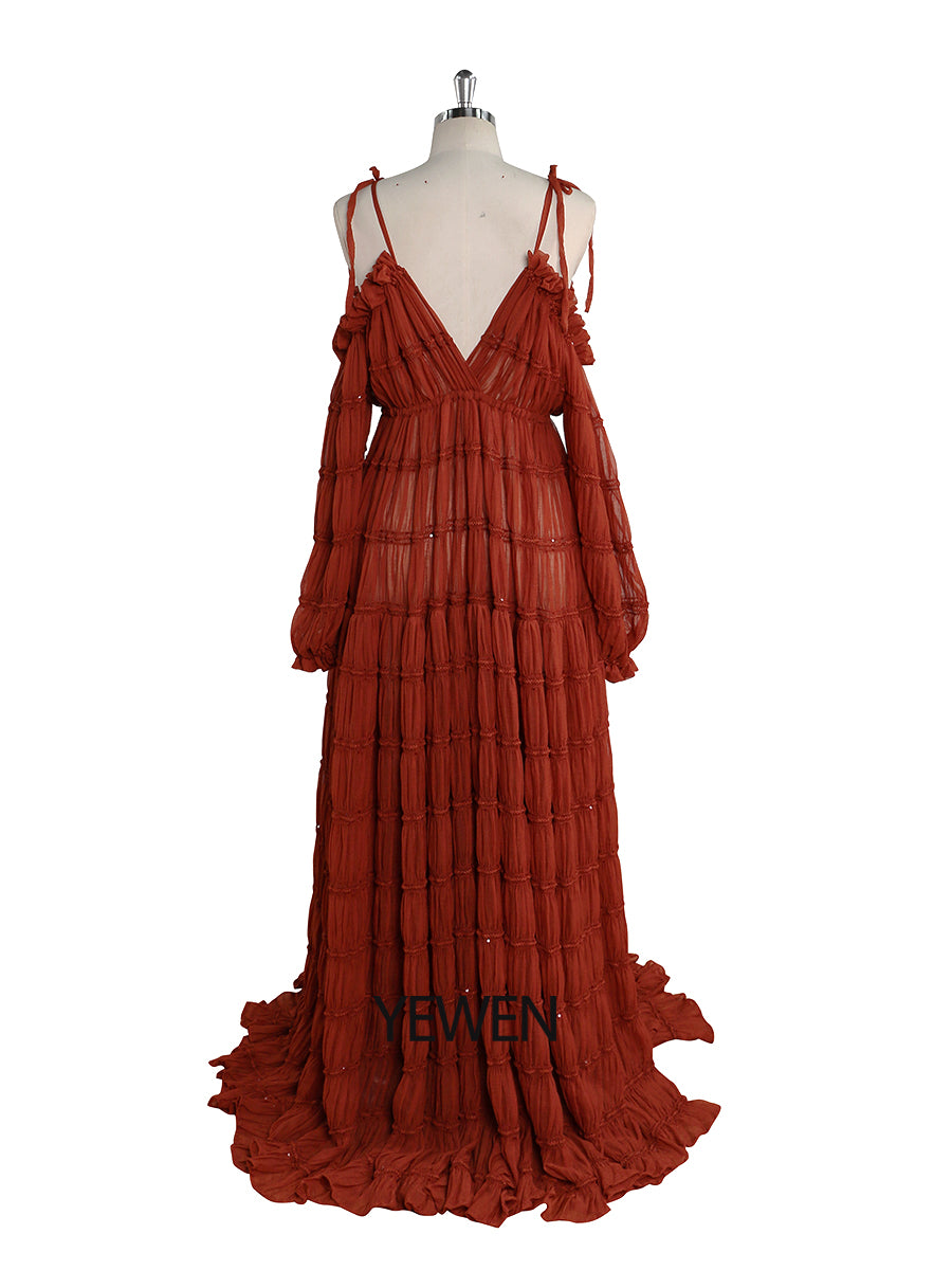 Back view of rust chiffon maternity photoshoot dress designed for elegant pregnancy and baby shower photography