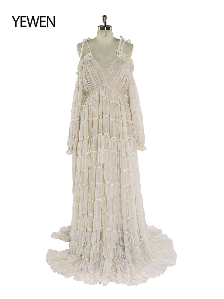 Back view of white chiffon maternity photoshoot dress designed for elegant pregnancy and baby shower photography