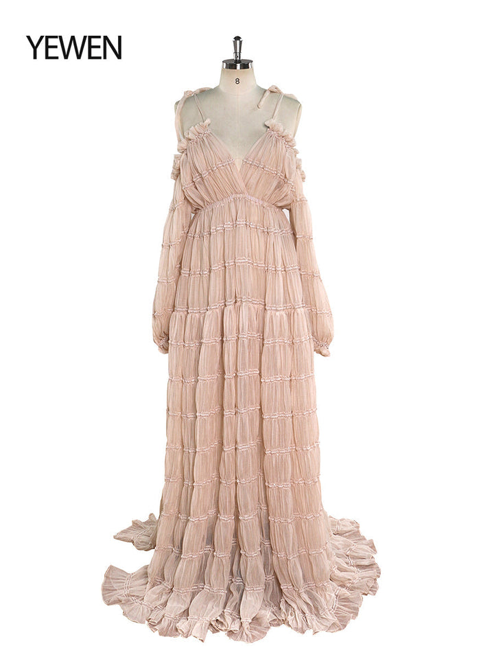 Front view of kahaki chiffon maternity photoshoot dress featuring off shoulder design and flowing maxi silhouette for elegant photography