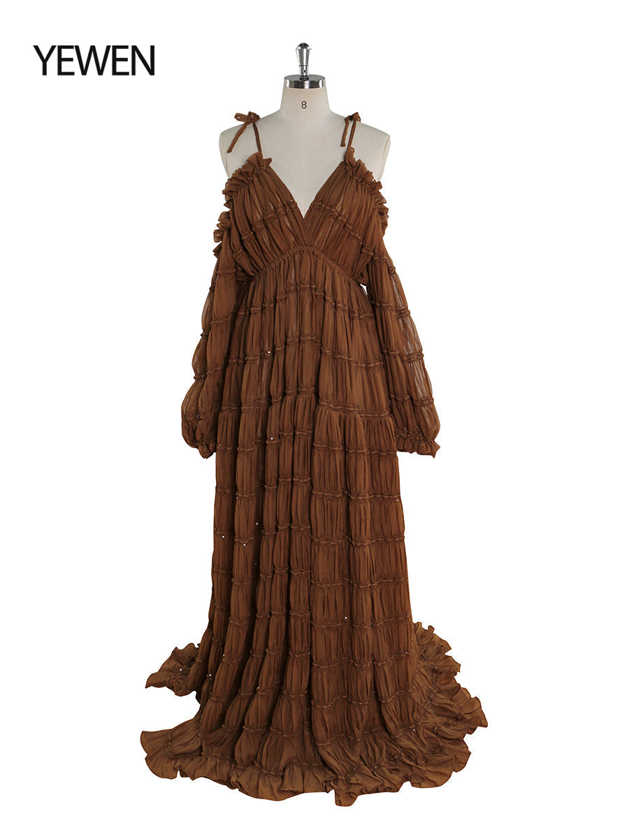 Elegant brown off shoulder chiffon maternity photoshoot dress with adjustable waist and side slit designed for custom color photography gown