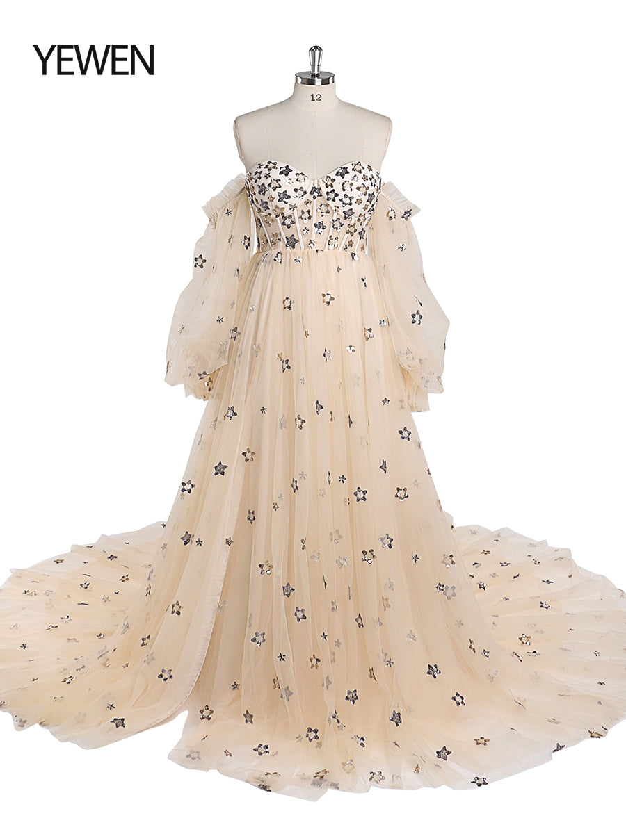 Sparkle Stars Evening Dress Long Detachable Sleeves Formal Party Dre 16 / Cream Sparkle Stars Evening Dress Long Detachable Sleeves Formal Party Dre 16 / Cream