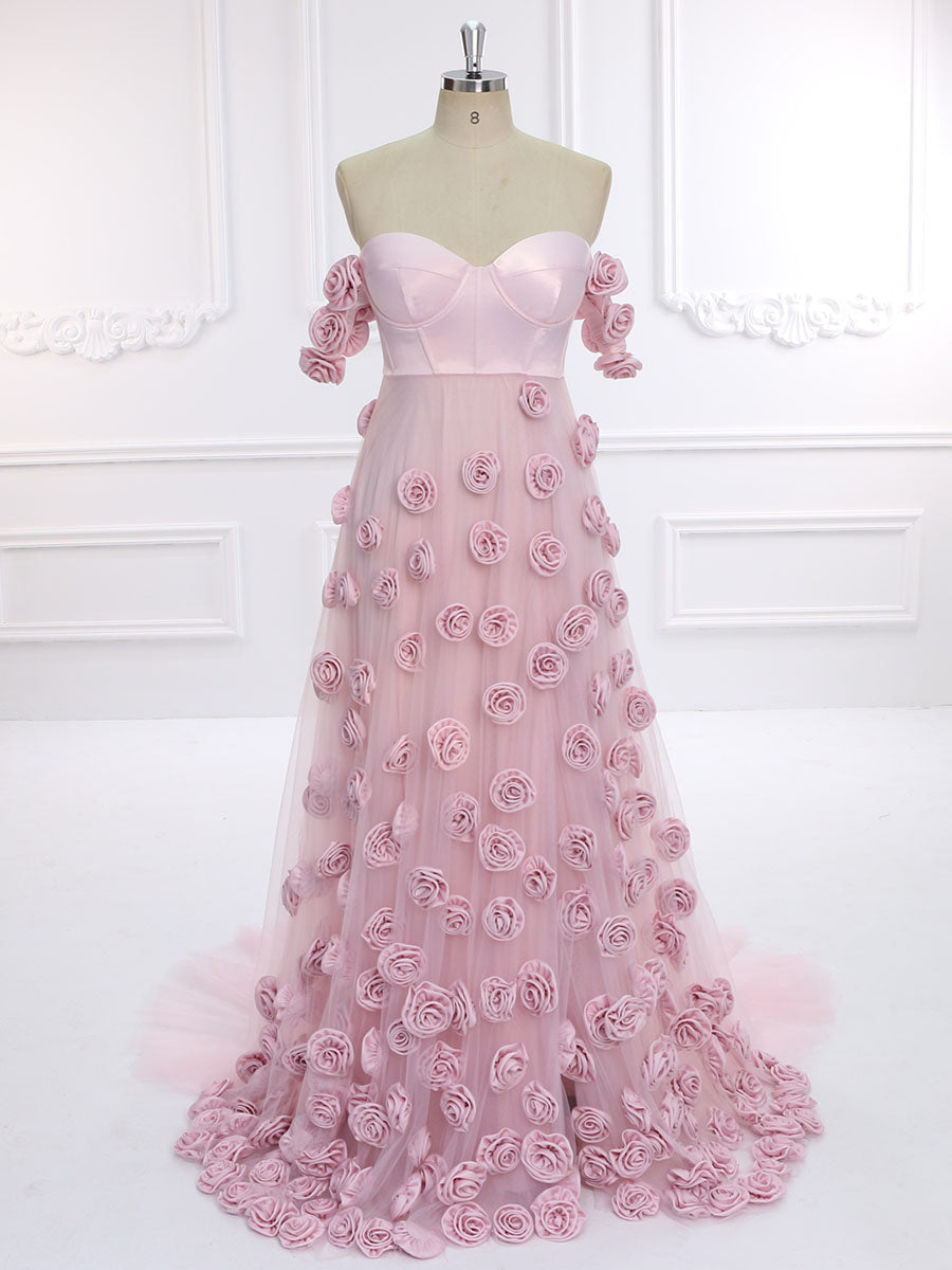 Soft Pink Prom Gown with Handmade 3D Flowers Chic Photoshoot Wedding D yewendress Soft Pink Prom Gown with Handmade 3D Flowers Chic Photoshoot Wedding D yewendress