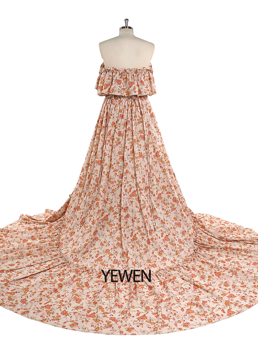 Elegant Off Shoulder Cotton Floral Print Woman Maxi Dress Boho Beach 24W / Picture Color Elegant Off Shoulder Cotton Floral Print Woman Maxi Dress Boho Beach 24W / Picture Color