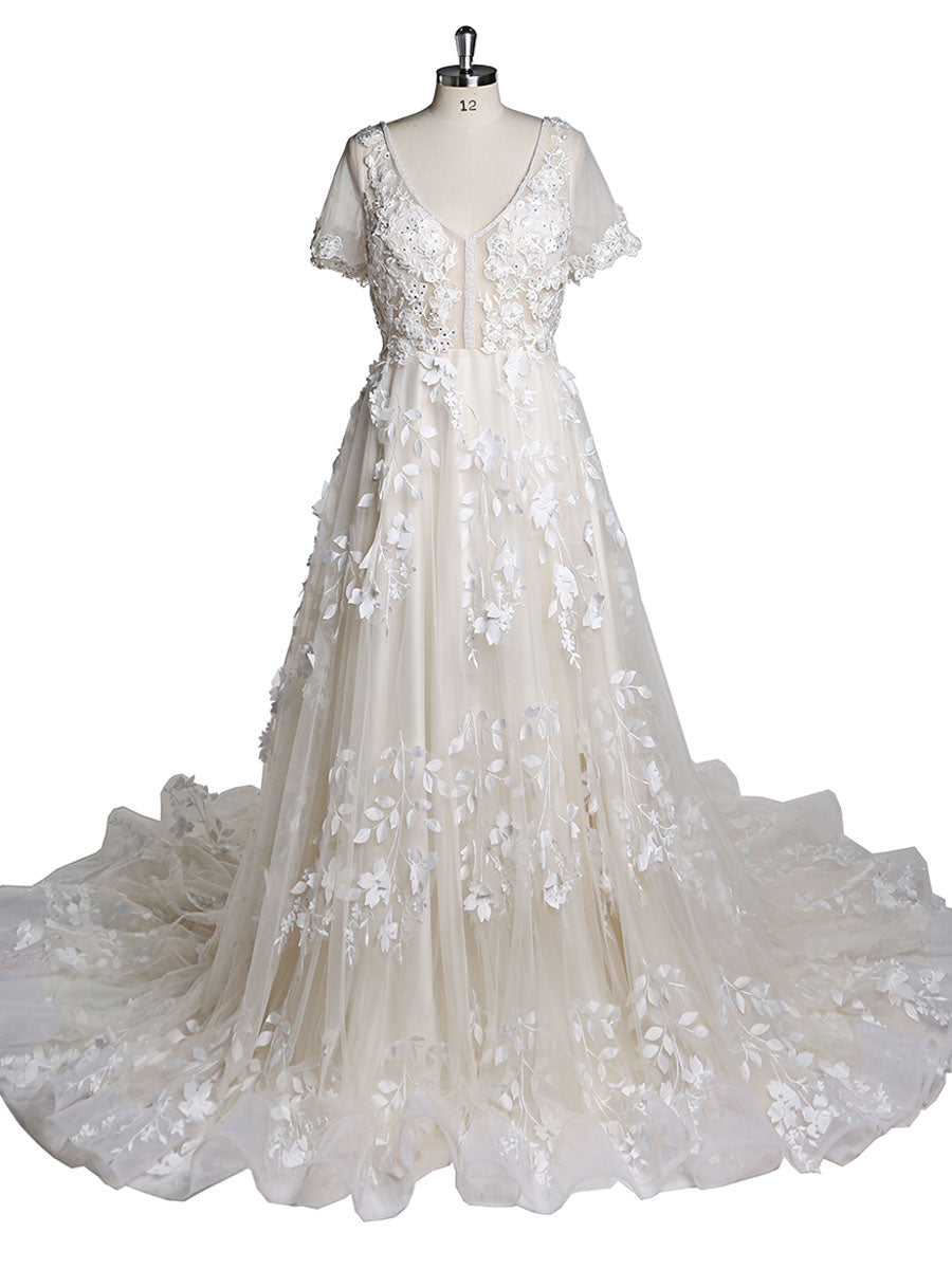 Light Champagne Ivory Lace Flower Bridal Gown V-Neck Luxury Wedding Dress Flower Lace Short Sleeve Wedding Guest Dress YEWEN 28W / J106 Light Champagne Ivory Lace Flower Bridal Gown V-Neck Luxury Wedding Dress Flower Lace Short Sleeve Wedding Guest Dress YEWEN 28W / J106