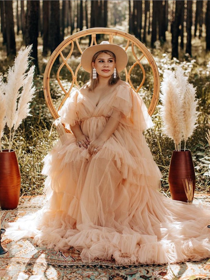 brown tulle maternity dress QQcute Brown Tulle Maternity Dress for Baby Shower Off Shoulder Pregnancy Dress for Photoshoot Puffy Sleeve Bridal Lingerie Wedding Scarf(L-XL) at Amazon Women's Clothing store