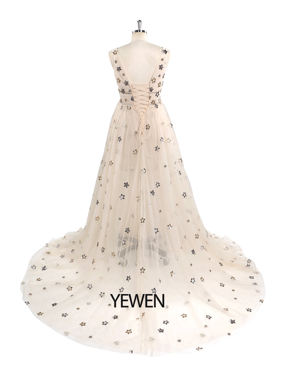 Tulle Prom Dress Champagne Star V-Neck Photography Gown yewendress Tulle Prom Dress Champagne Star V-Neck Photography Gown yewendress