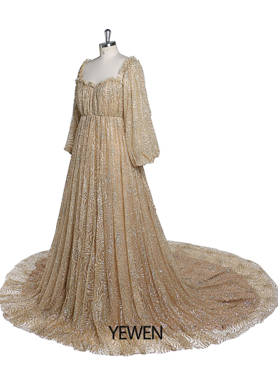 Champagne Gold Glitter Tulle Maternity Gowns for Photoshoot Lace Up P 16 / Champagne Gold Champagne Gold Glitter Tulle Maternity Gowns for Photoshoot Lace Up P 16 / Champagne Gold
