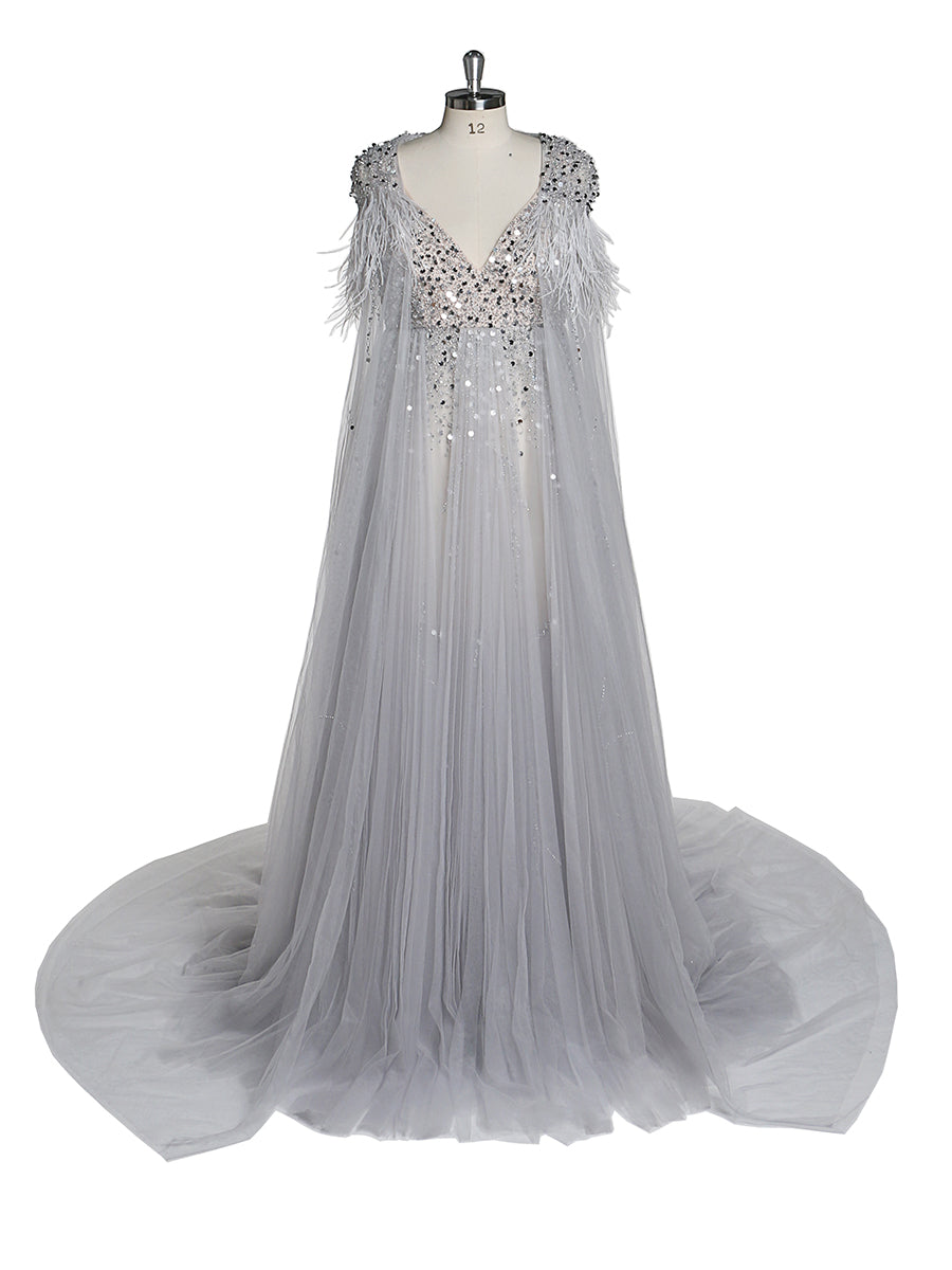 Silver Beading Tulle Evening Gown with Cape Maternity Dress for Photo 16W / N192 Silver Beading Tulle Evening Gown with Cape Maternity Dress for Photo 16W / N192