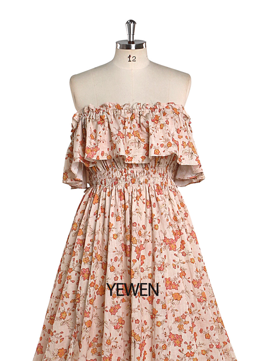 Elegant Off Shoulder Cotton Floral Print Woman Maxi Dress Boho Beach 24W / Picture Color Elegant Off Shoulder Cotton Floral Print Woman Maxi Dress Boho Beach 24W / Picture Color
