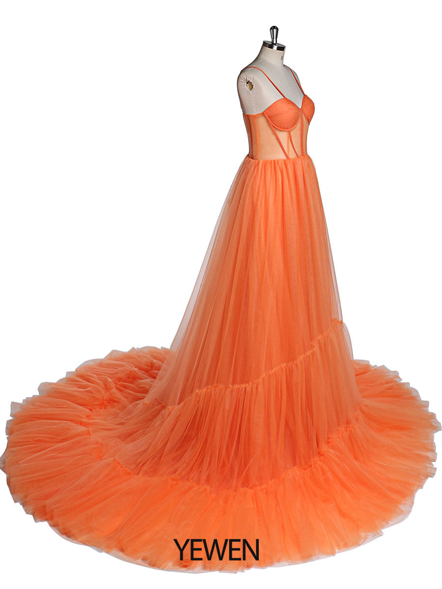 Orange Tulle Evening Dress Long Woman Formal Prom Dress Fluffy Maxi P 18w / N162 Orange Tulle Evening Dress Long Woman Formal Prom Dress Fluffy Maxi P 18w / N162