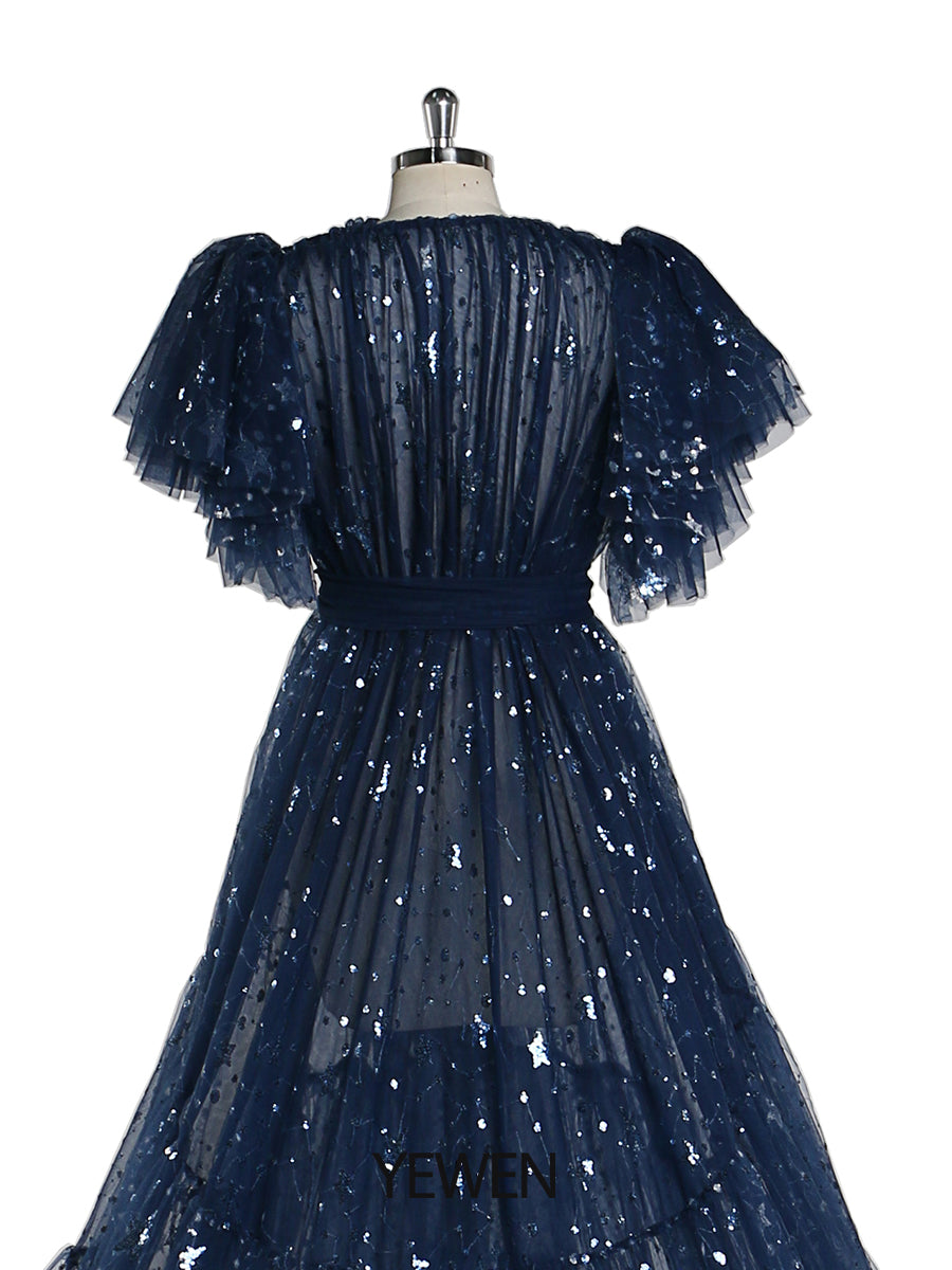 Navy Blue Sparkle Evening Dress Long Open Front Ruffle Sleeve Photo S