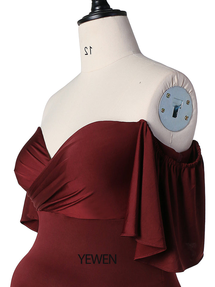 Stretchy Fabric Maternity Dress Bodysuit Off Shoulder Ruffles Short Sleeves Maternity Phography Custom Colors YW2121