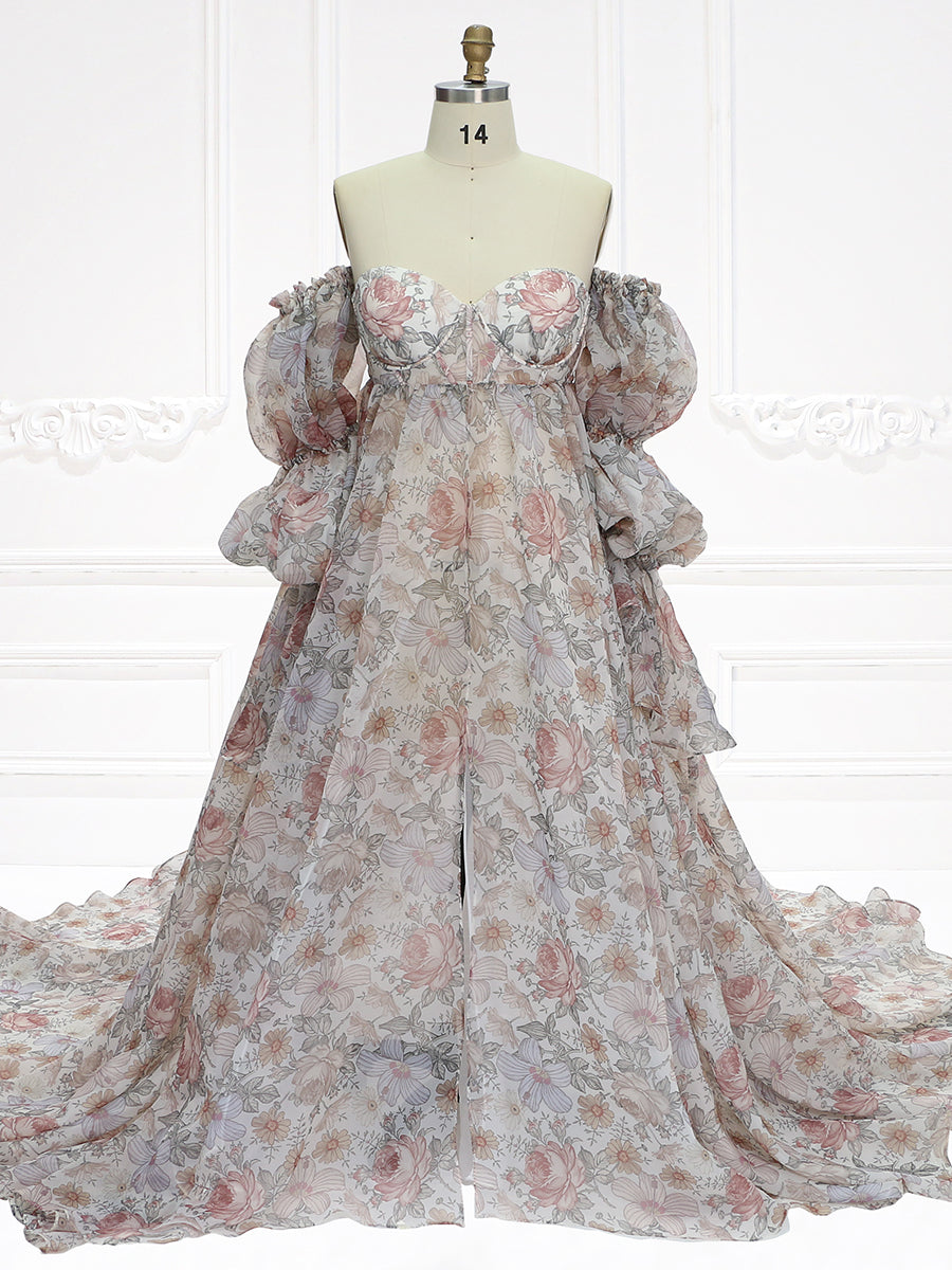 Front view of floral maternity dress for photoshoot with silk organza fabric and flowing silhouette
