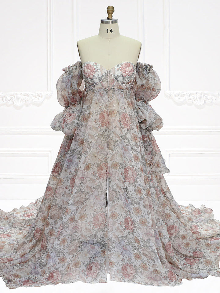 Front view of floral maternity dress for photoshoot with silk organza fabric and flowing silhouette