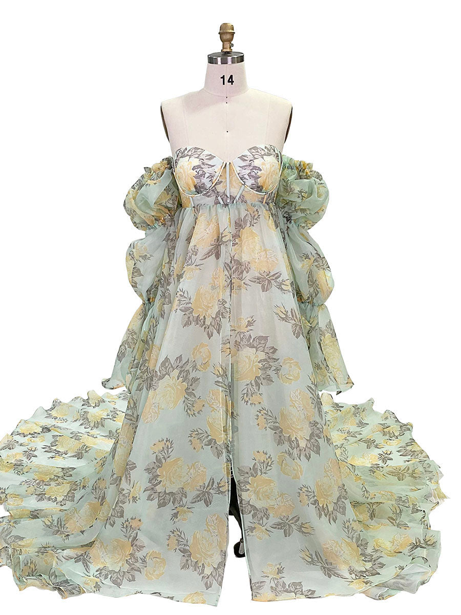 New Floral Printing Silk Organza Maternity Dresses for Photoshoot Photography Props Lace Up Back YW221105 18W-20W / Picture Color 4