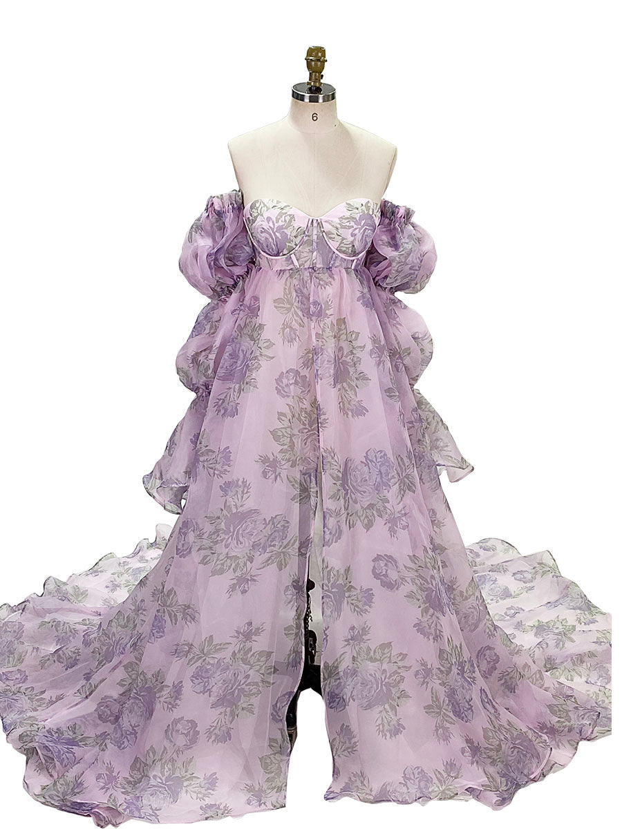 Front view of purple floral maternity dress for photoshoot with silk organza fabric and elegant flowing silhouette