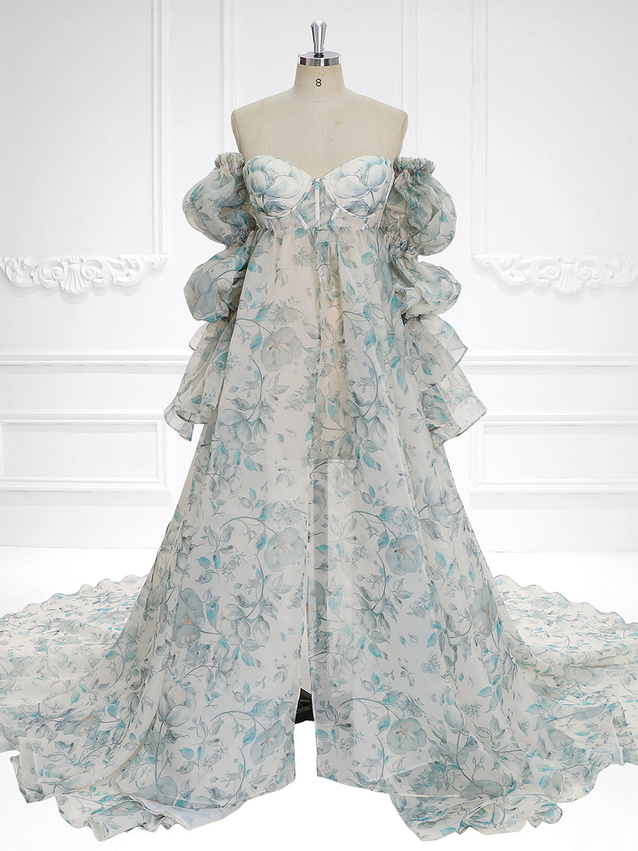 Front view of floral maternity dress for photoshoot with silk organza fabric