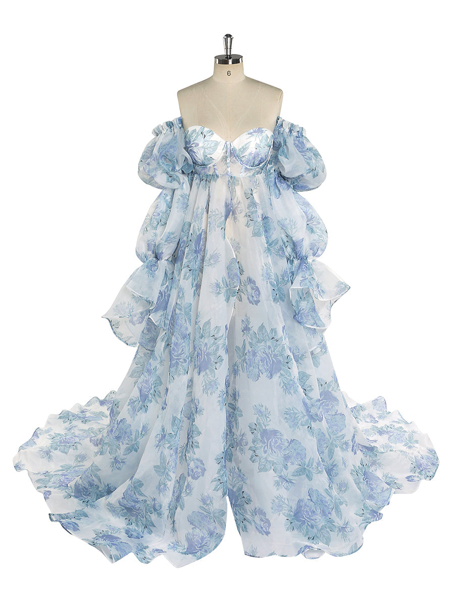 New Floral Printing Silk Organza Maternity Dresses for Photoshoot Photography Props Lace Up Back YW221105 12-14 / Picture Color