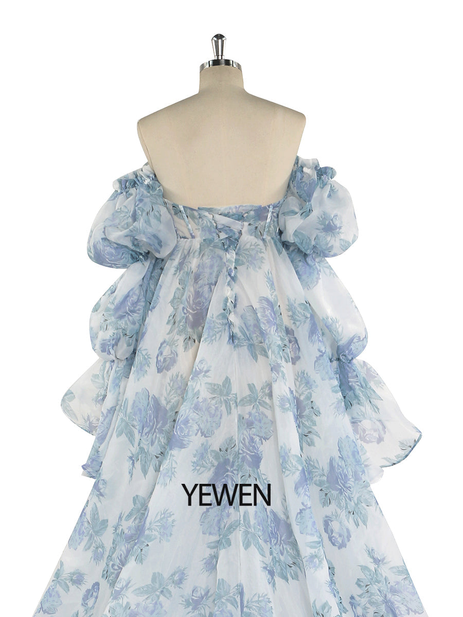Back view of floral maternity dress for photoshoot with lace-up design and elegant silk organza fabric