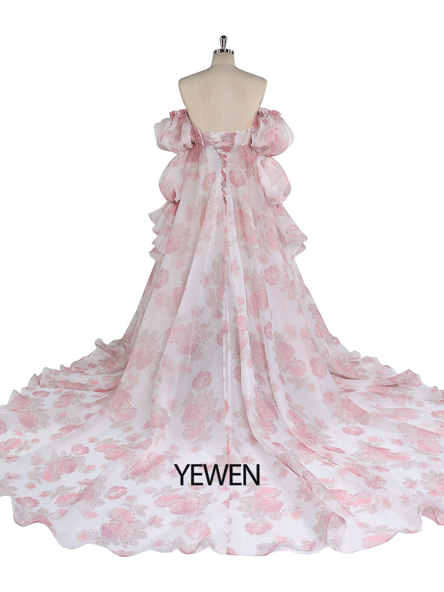 Printed Floral Organza Dresses Photoshoot Gown Side Leg Slit YW221105-2 2 / Pink Floral