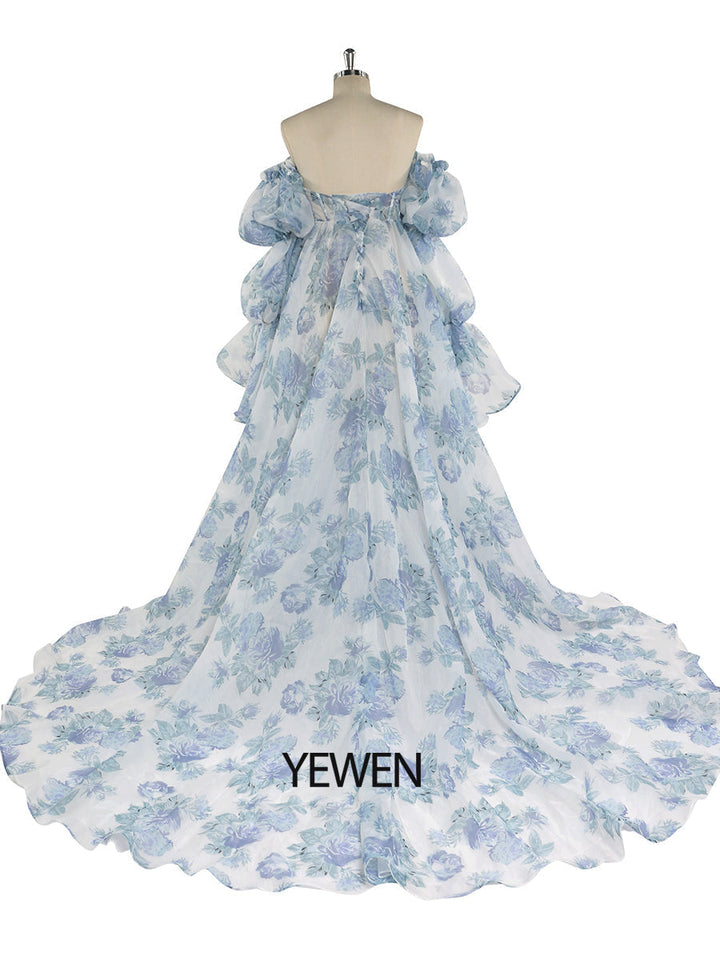 Back view of floral maternity dress for photoshoot with lace-up design and elegant silk organza fabric