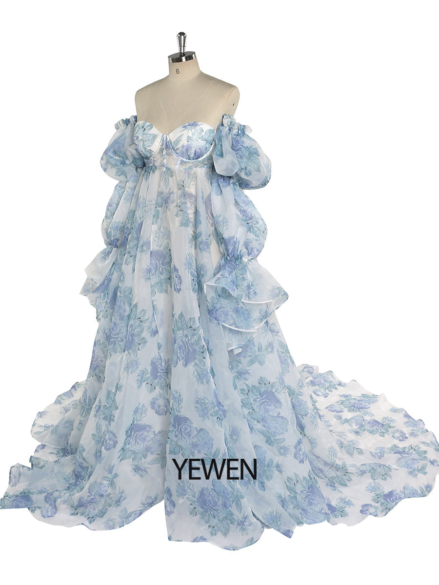 Side view of floral maternity dress for photoshoot showing soft silk organza flow and elegant pregnancy silhouette