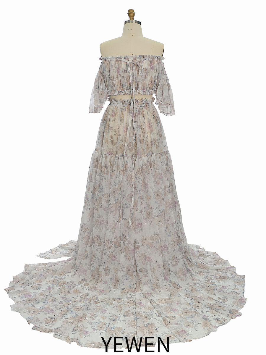 Back view of floral photoshoot dress chiffon print 2 piece set designed for photo shoot and elegant styling